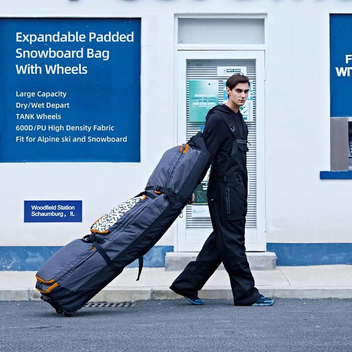 Сумка для сноуборду XCMAN з підкладкою та колесами, розширювана сумка-тележка для перевезення літаком, регульована довжина, водонепроникна, з захисними ребрами (Помаранчевий)