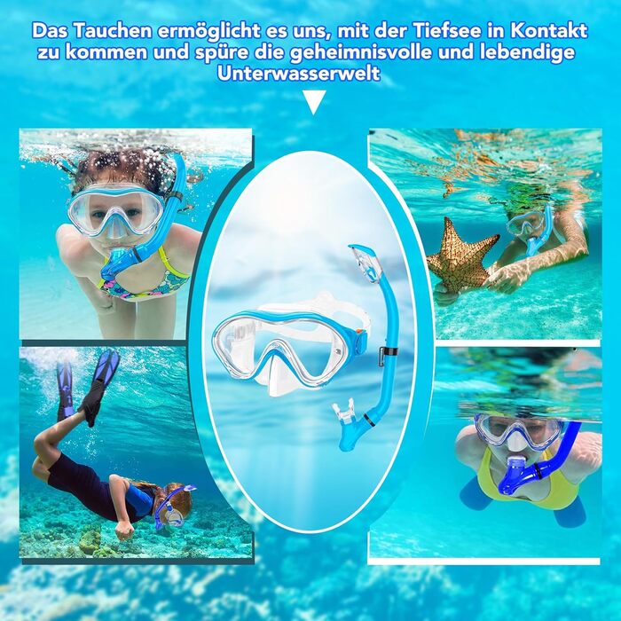 Набір для снорклінгу для дітей з ластами, маска з панорамним оглядом 180°, регульовані ласти, високоякісна маска та сухий снорк. для плавання (небесно-блакитний)