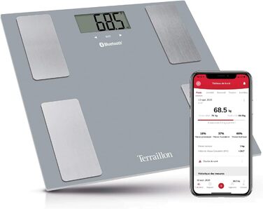 Розумні ваги TERRAILLON SMART CONNECT з Bluetooth, аналіз маси тіла, жиру, ІМТ, до 8 користувачів, сірі