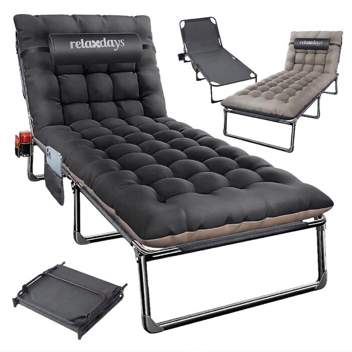 Розкладне ліжко Relaxdays для кемпінгу з матрацом, подушкою під шию, тримачем для телефону, до 250 кг, сіре (26x190x72 см)