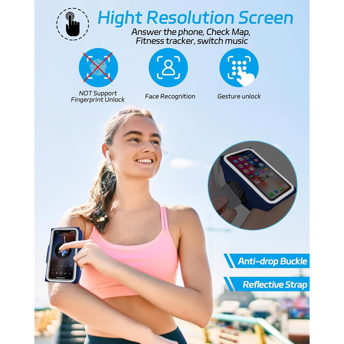 Спортивна сумка для телефону на руку Razobws з відділенням для навушників, підходить для iPhone 17 16 15 14 13 12 11 Pro Max, Galaxy S24 S23 Ultra, чорний/морський блакитний (до 6.8 дюймів)