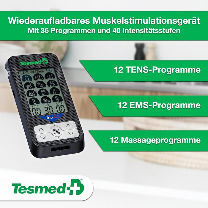 TESMED Trio 6.5: Електричний м'язовий стимулятор з USB-зарядкою - 36 програм, 40 рівнів інтенсивності, 4 електроди - EMS, TENS та масаж для фітнесу та зняття болю