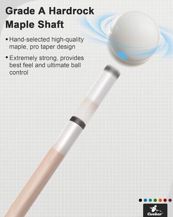 Набір київ для більяру CUEBAR (6 шт.) з 3D-рукояткою, 147,3 см. Підходить для чоловіків та жінок. Різні кольори (фіолетовий, червоний, зелений, блакитно-зелений, синій, чорний).