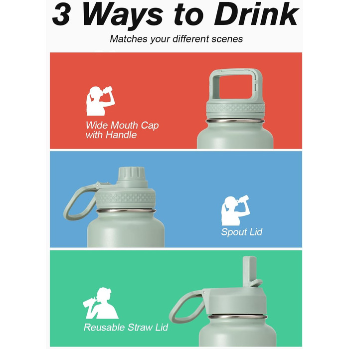 Coolflask Фляга-термос 1,2 л з соломкою, з нержавіючої сталі, 3 кришки, для спорту та офісу, зберігає холод до 48 годин, гаряче - до 24 годин, сіро-зелений колір