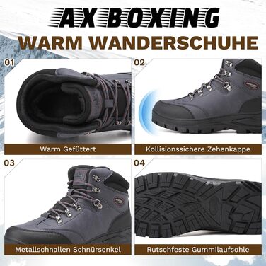 Чоловічі зимові черевики AX BOXING: утеплені, трекінгові, для хайкінгу, водонепроникні, антиковзаючі, 41-46 EU (Темно-синій, 45 EU)