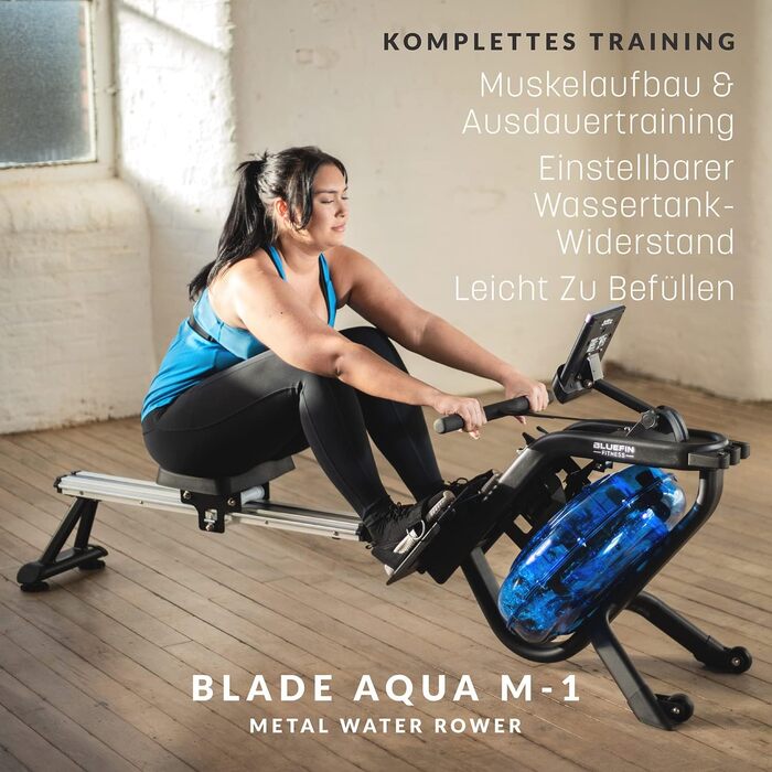 Гребний тренажер Bluefin Fitness Blade Aqua M-1 з водним опором, алюмінієва рама, інтеграція Kinomap, для інтенсивних тренувань