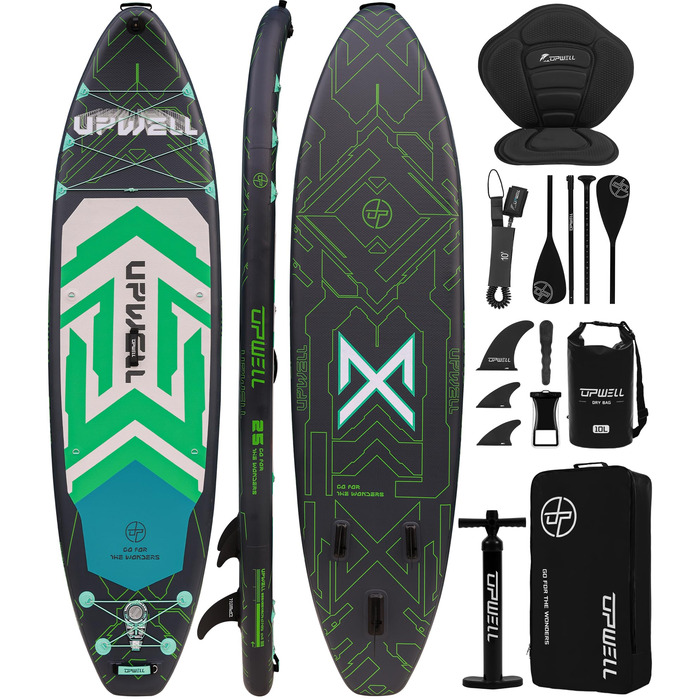 SUP дошка Upwell 350x89 см з сидінням, надувна для дорослих та підлітків, комплект (рюкзак, весло, ліш, помпа, плавники) Chipmech Green