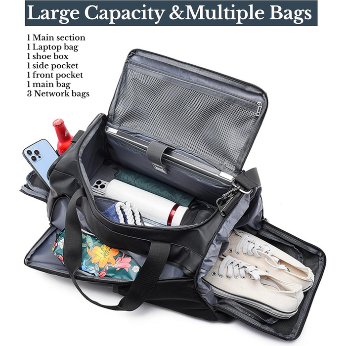 Спортивна сумка 3в1 з відділенням для взуття та мокрих речей – 45L, велика дорожня сумка для фітнесу, подорожей, плавання, сауни та футболу (для чоловіків та жінок)