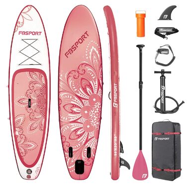 SUP дошка надувна FBSPORT, комплект для Stand Up Paddling 15 см (рожево-біла) з регульованим алюмінієвим веслом та насосом