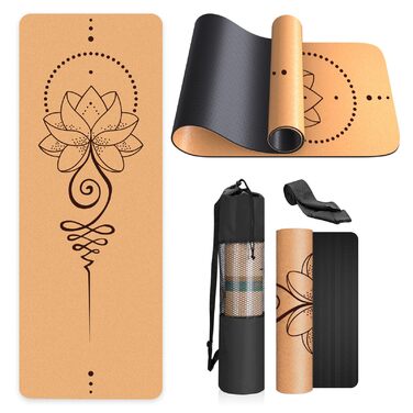 Килимок для йоги з натуральної корку, нековзний, з унікальним дизайном, TPE, з сумкою та ременем, для дому, пілатесу, фітнесу та тренувань (Lotus 1)