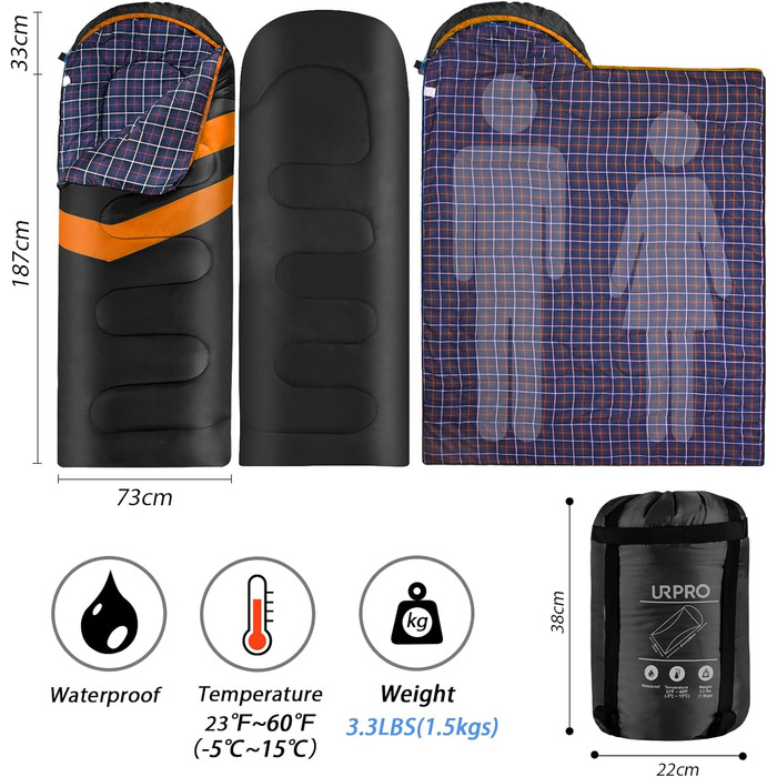 Чорний спальний мішок URPRO 1.6 кг з фланелі, 4 сезони, звичайний, водонепроникний, звичайний | З фланелі, звичайний, для відпочинку