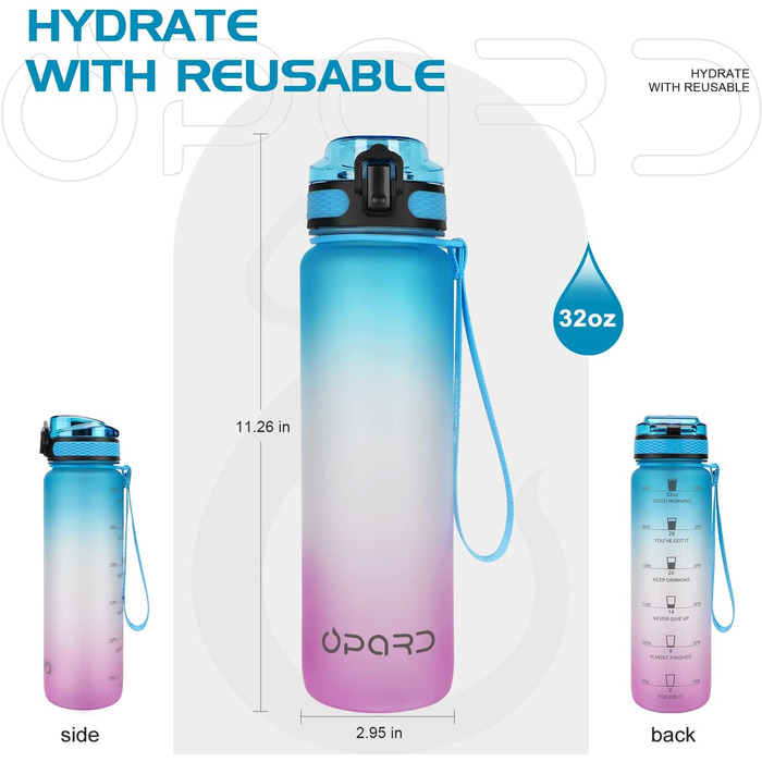 Спортивна пляшка для води Opard 900 мл з герметичним кришкою, без BPA, Tritan, для фітнесу (блакитно-сірий градієнт) (1л-вставка для фруктів, блакитний, фіолетовий)