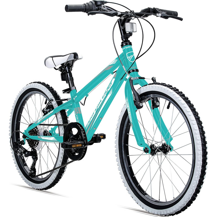 Дитячий велосипед Bergsteiger Kansas 20 дюймів, 6-швидкісна Shimano, для хлопчиків і дівчат, гірський, біло-бірюзовий, підходить для дітей 6-9 років