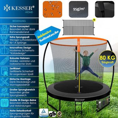 Трамплін KESSER® Ø 244/305/366/427 см | Сертифікований TÜV Rheinland GS | Садовий трамплін для дітей до 150 кг | Комплект з сіткою безпеки (244 см, Оранжевий / Антрацит)