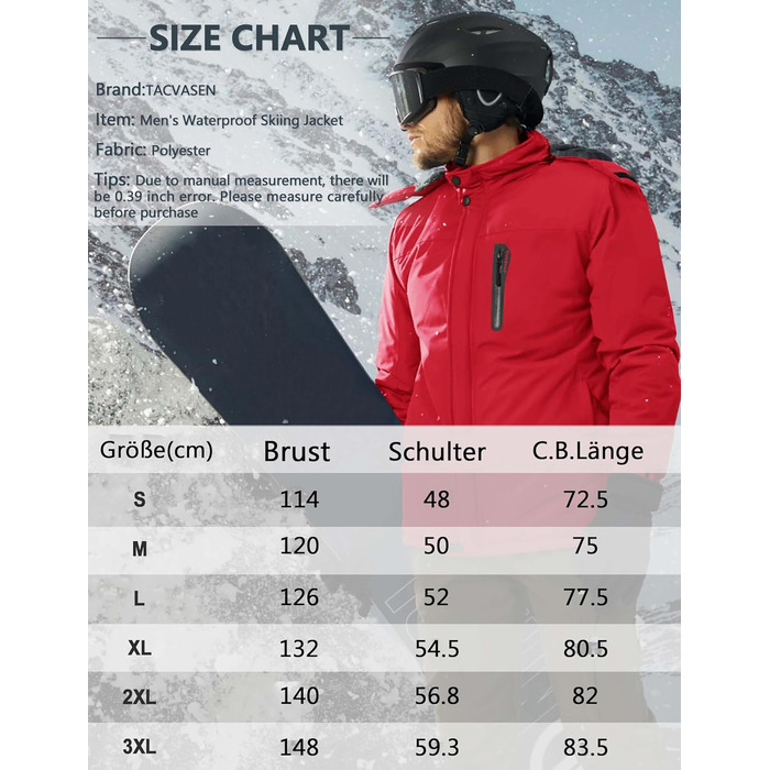 TACVASEN Зимова куртка для чоловіків, водонепроникна, тепла, флісова підкладка, софтшелл, дихаюча, функціональна куртка з капюшоном (M, Червоний)