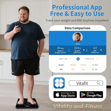 Ваги підлогові Vitafit 300 кг, чорні: цифровий BMI, Bluetooth, скло 8 мм, LED-дисплей