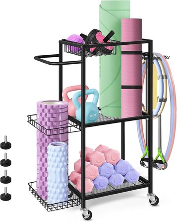 Стійка для зберігання спортивного обладнання Smusei: 3 яруси, металева, з роликами та 8 гачками. Підходить для йог-матів, гантелей, гир, кульок та іншого. Чорний колір.