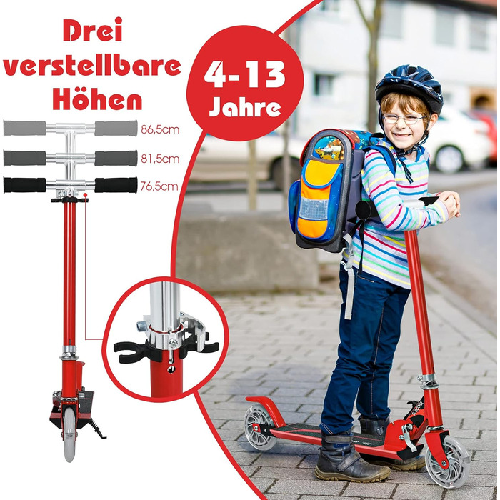 Дитячий ролер Costway з LED-колесами, для дітей від 4 років, до 70 кг, регульована висота, ролер-кіксктер для хлопчиків та дівчаток (червоний)