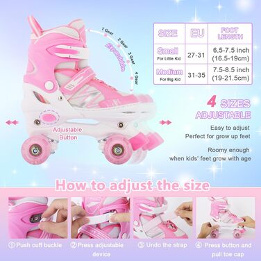 Роликові ковзани дитячі DUZSKJ для хлопчиків та дівчаток, регульовані, з підсвіткою, 4 розміри, рожевий колір