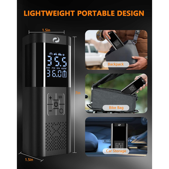 Електричний компресор SERVOMASTER 150PSI, портативний насос з манометром і LED, акумуляторний, для авто, мотоцикла, велосипеда, м'ячів
