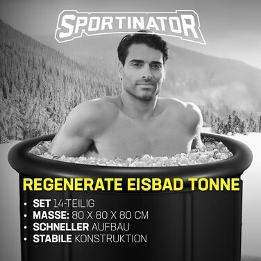 Льодяна ванна SPORTINATOR 400 л, Ø80 см, для холодотерапії та відновлення, 5-шарова, з комплектом аксесуарів, термометром і зливним шлангом, чорна
