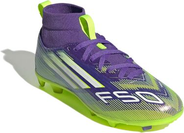 Дитячі футбольні бутси adidas F50 League Mid для гри на твердих/багатоповерххових покриттях, розмір 38 EU, колір Purple Rush Cloud White Lucid Lemon