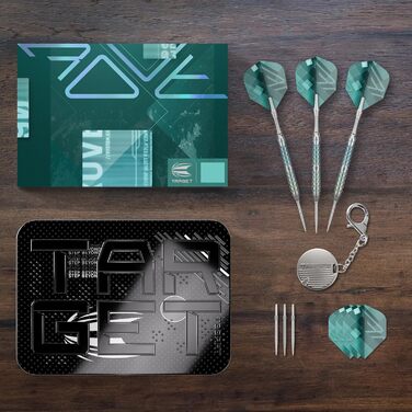 Професійний набір дротиків Target Darts Rove Swiss Point 90% вольфраму, сталевий наконечник, зелено-сріблясті, 22-25 г, з інструментом