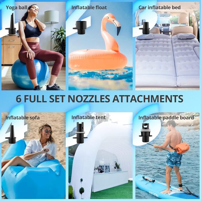 Електрична повітряна насос NACATIN для SUP дошок з акумулятором, 16 PSI, подвійний етап надування та здування, автоматичне вимкнення