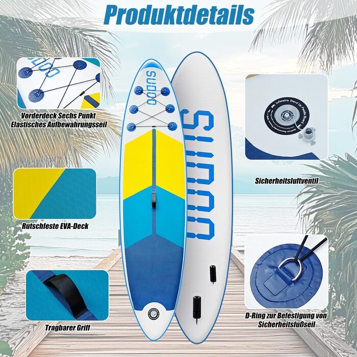 Надувний SUP Борд для вейкбордингу (2+1 особи/сім'ї), Surfboard для дорослих, вантажопідйомність до 150 кг, повний комплект з веслом, плавниками та рюкзаком (SUP20YG-Blue White)