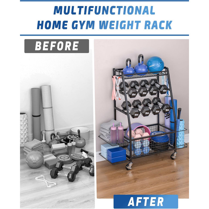 Підставка для гантелей розширена для дому - стійка для тренувань з 4 колесами та зручним зберіганням з обох сторін, чорна