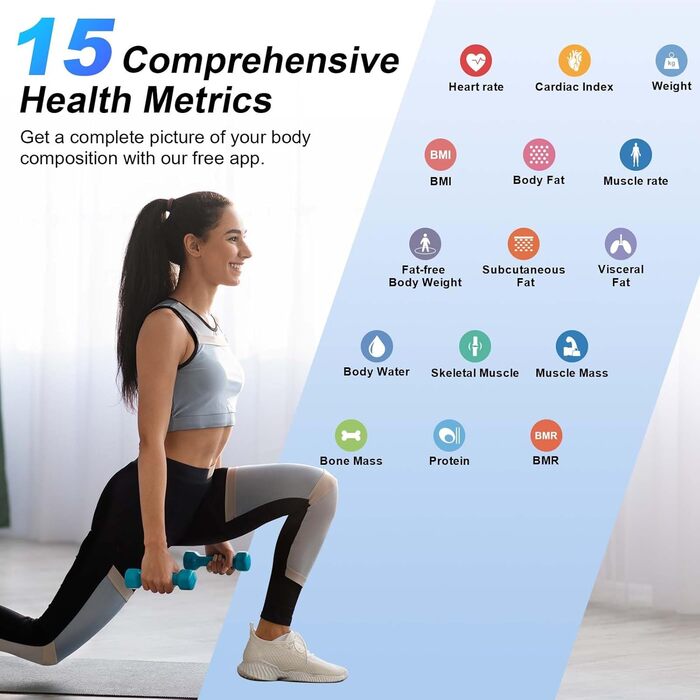 Ваги Healthkeep для вимірювання складу тіла: жир, м'язи, BMI, частота серця. Цифрова вага з дисплеєм, підключення до iOS та Android. Темний ціановий колір.