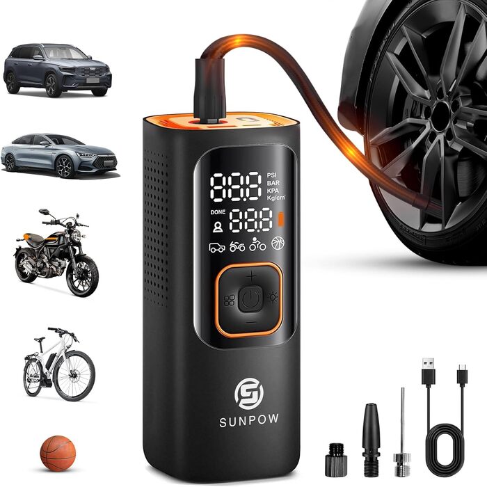 Електричний портативний компресор SUNPOW 7500mAh, 160 PSI для авто, велосипедів, з LCD дисплеєм, LED підсвіткою, Powerbank, 12V DC, автоматичне вимкнення