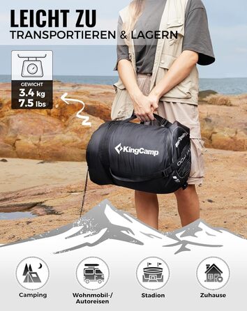 Сплячий мішок KingCamp для дорослих 3-в-1 з бавовняним флісовим підкладкою, зимовий, XXL, легкий, теплий, знімний ковдри, для туризму та відпочинку