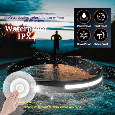 Налобний ліхтар Vokida Outdoor Vibes з широким кутом огляду, LED, USB, перезаряджається, датчик, чорний