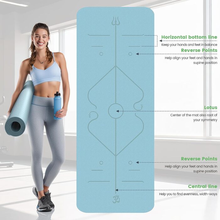 Йога мат Soontrans: протиковзаюча, 8 мм, TPE, з гумками та подушкою для колін, 183x68 см (Блакитний)