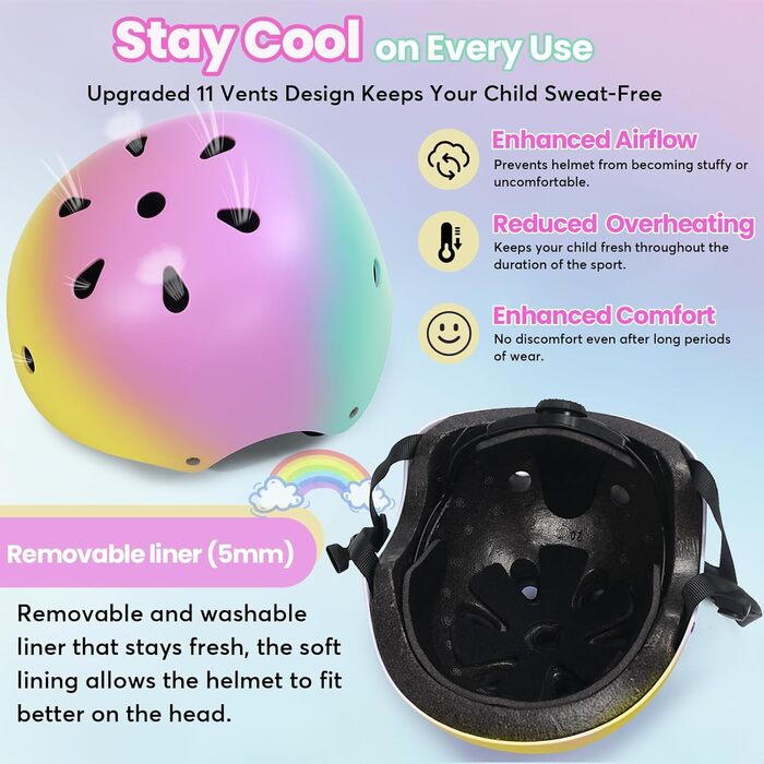 Набір Kinderhel 7-в-1: наколінники, налокітники, захист зап'ястя та шлем для скейтбордингу, велосипеда, самокату (S, жовто-рожево-зелений)