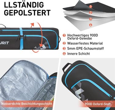 TOURIT Набір для перевезення лиж: сумка для лиж та черевиків, розкладна, на колесах, для 2 пар лиж (195 см), водонепроникна, 900D Oxford, для авіаперельотів (чорний)