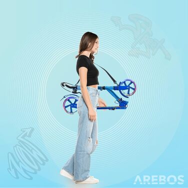 Самокат Arebos із LED-підсвіткою, складаний, регульований, з ременем для перенесення, ручним та ножним гальмом, для дітей і дорослих, до 100 кг