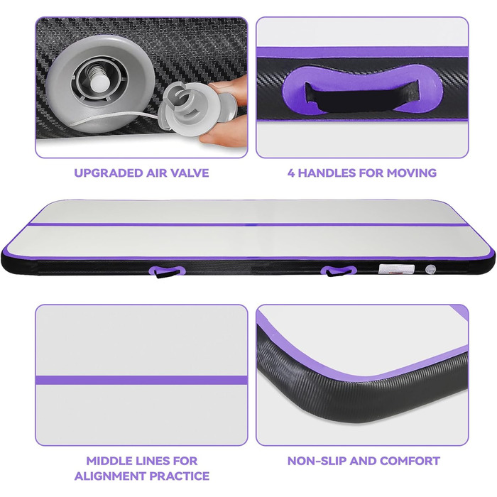 AirTrack Мат для гімнастики з електричним насосом, 10-600 см заввишки, 2-5 метрів завдовжки. Килимок для акробатики, йоги, кемпінгу, тренувань. Чорний, фіолетовий, 300x100x10 см