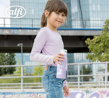 Дитяча термос-пляшка alfi KIDS ISO 350 мл, ліловий Єдиноріг, нержавіюча сталь, герметична, зберігає тепло 12 годин, холод 24 години, для газованих напоїв, BPA-free