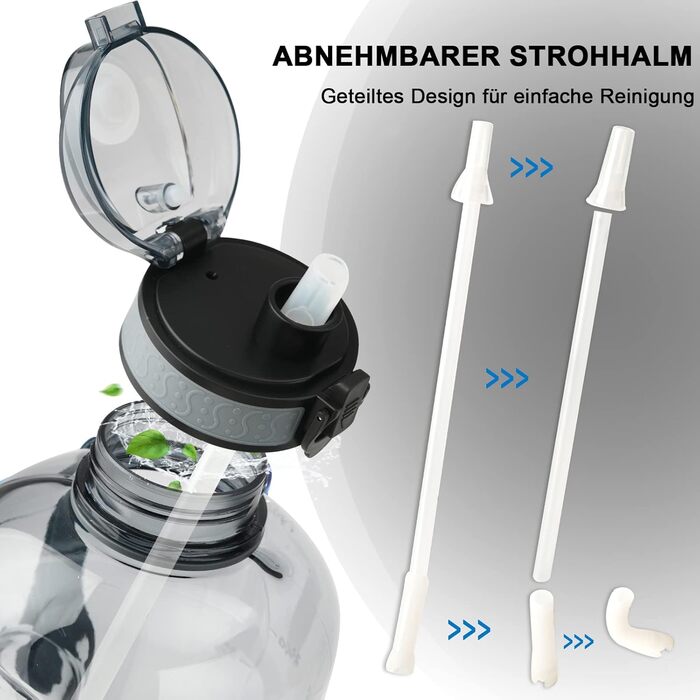 Пляшка спортивна GEMFUL 3л з мітками часу, соломинкою та ручкою, сіра. BPA-free, герметична, для фітнесу, тренувань та активного зволоження
