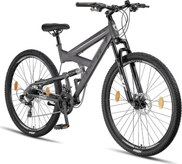 Гірський велосипед Licorne Bike Strong 2D Premium 29 дюймів, дискові гальма, 21 швидкість, повна амортизація, антрацит, для хлопців, дівчат, жінок і чоловіків