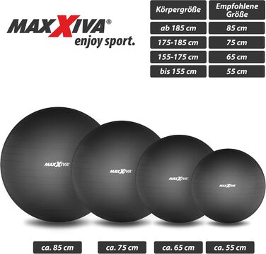 Фітнес-м'яч MAXXIVA 85 см, анти-вибуховий, з насосом, до 250 кг, гіпоалергенний, для реабілітації, йоги, пілатесу, чорний