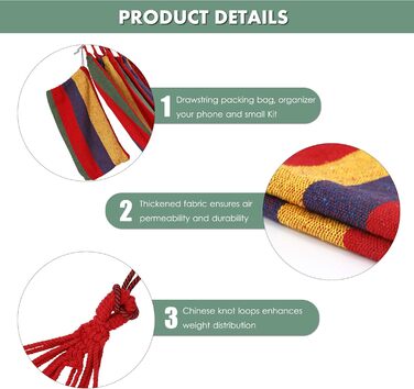 Гамак для відпочинку на відкритому повітрі з бавовни на 1 особу, 190 x 80 см, вантажопідйомність до 150 кг, з сумкою для перенесення. Ідеально підходить для пляжу, тераси, веранди, саду або двору.