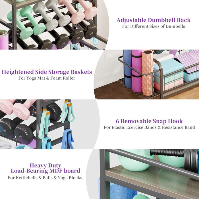 Стійка для гантелей Homeiju: зберігання гантелей, гир, йога-матів, з колесами та гачками (сіра)