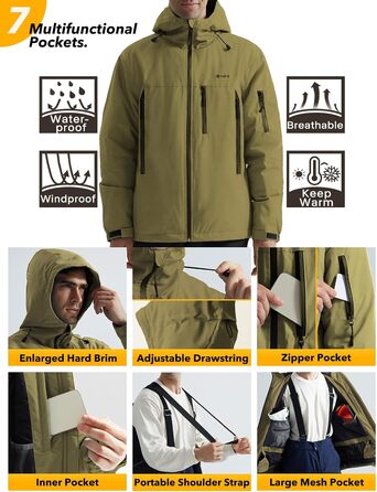 Чоловіча зимова куртка GEYSE: водонепроникна, з капюшоном та інтегрованими підтяжками. Ідеальна для сноубордингу, хайкінгу та активного відпочинку. Колір: Areegrün (пісково-сірий), розмір S