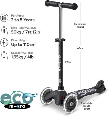 Самокат дитячий Micro Deluxe Kinder Schwarz ECO з регульованим кермом та світловими колесами для хлопчиків і дівчаток