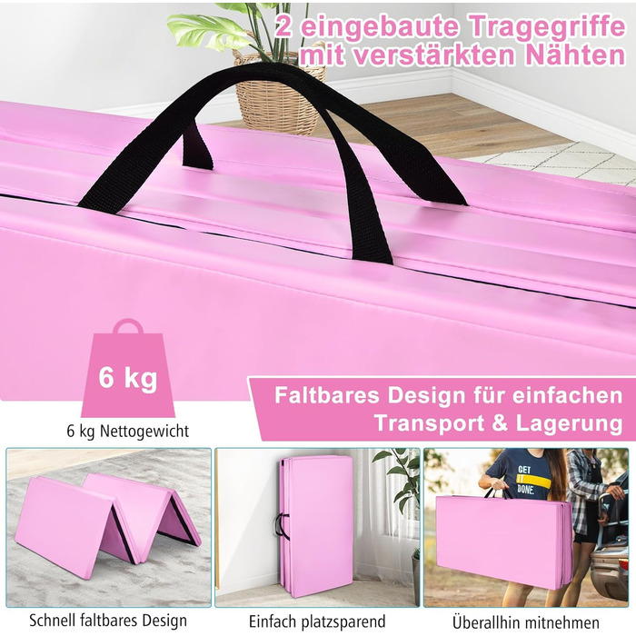 Мат гімнастичний COSTWAY 240x120x5 см, складаний, для йоги та фітнесу, рожевий, з липучкою та ручками