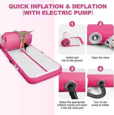 FBSPORT Килимок для гімнастики та йоги надувний, 400x100x10 см (рожевий) з ролею 100x60 см, 10 см товщини