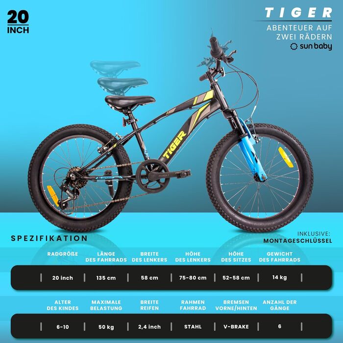 Дитячий велосипед Sun Baby Tiger Bike 20 дюймів, 6-швидкісна Shimano, для хлопчиків 6-10 років, регульований